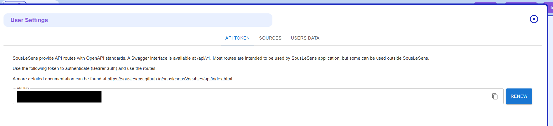 Copy or renew the API token